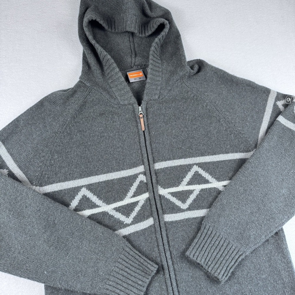 Merrell‎ Wool Blend Hoodie Sweater Men L Gray Aztec Full-Zip Long Sleeve Fleece